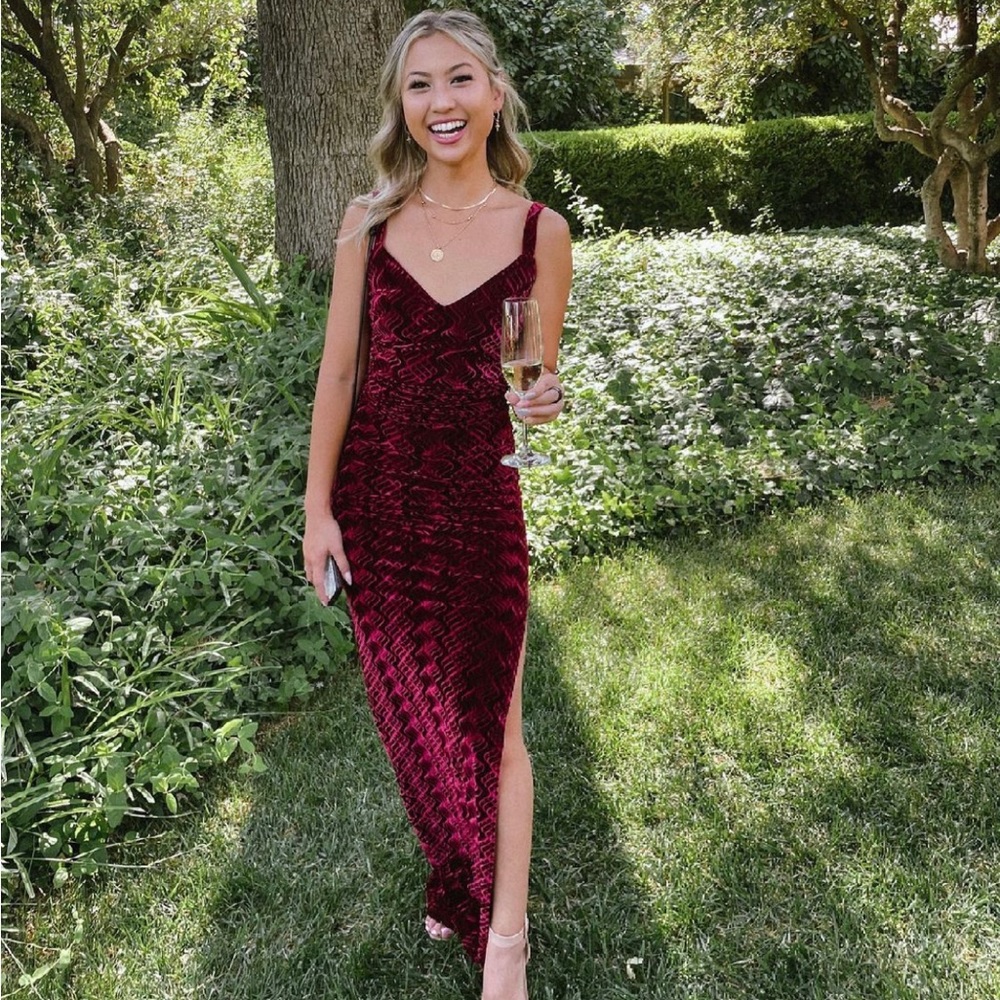 Velvet red maxi dress with high slit, worn once for a wedding